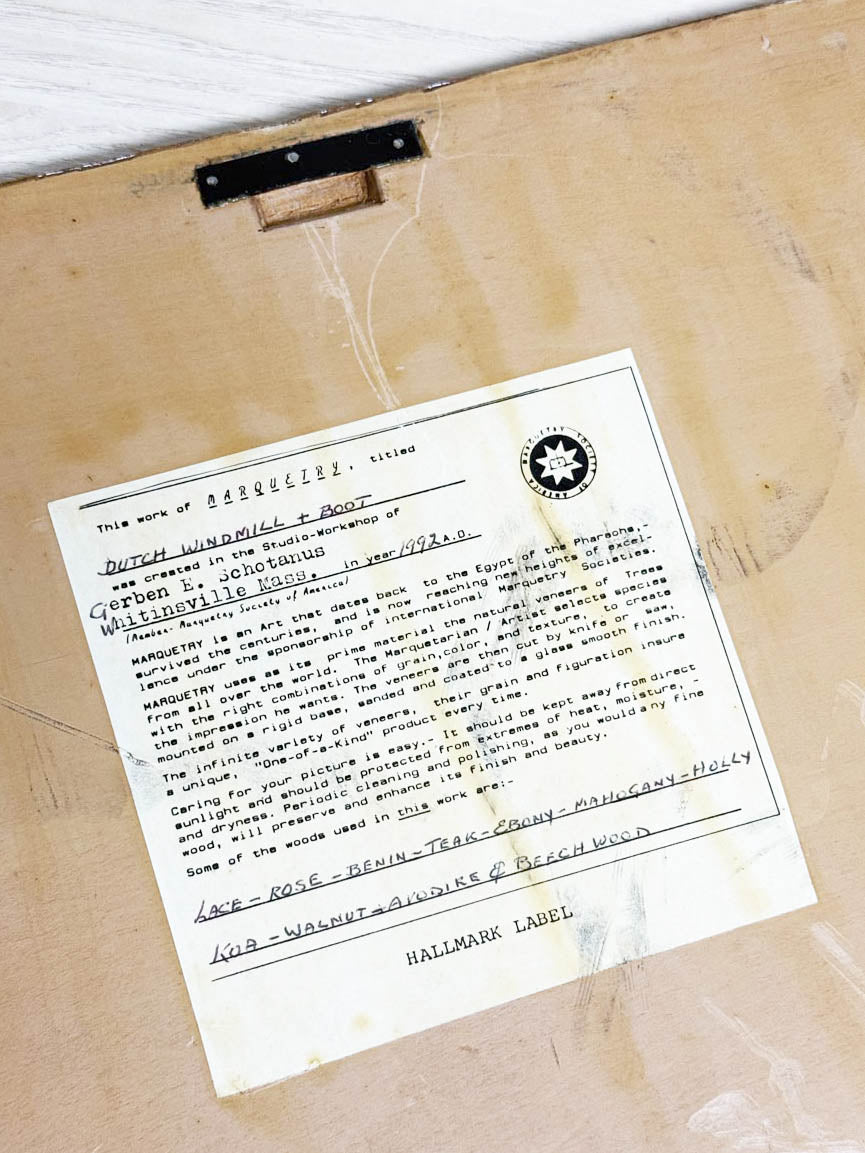 vintage 90s marquetry dutch windmill + boot wooden wall art - good market thrift store