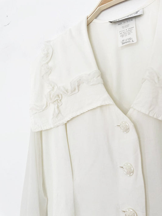 vintage 90s mj carroll ruffle trim sheer sleeve fitted blouse | made in USA - good market thrift store