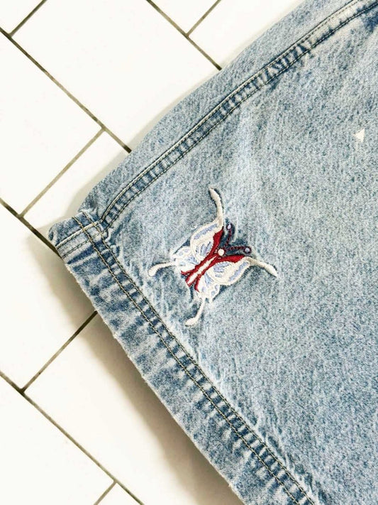 vintage 90s no boundaries embroidered butterfly denim overall shorts - good market thrift store