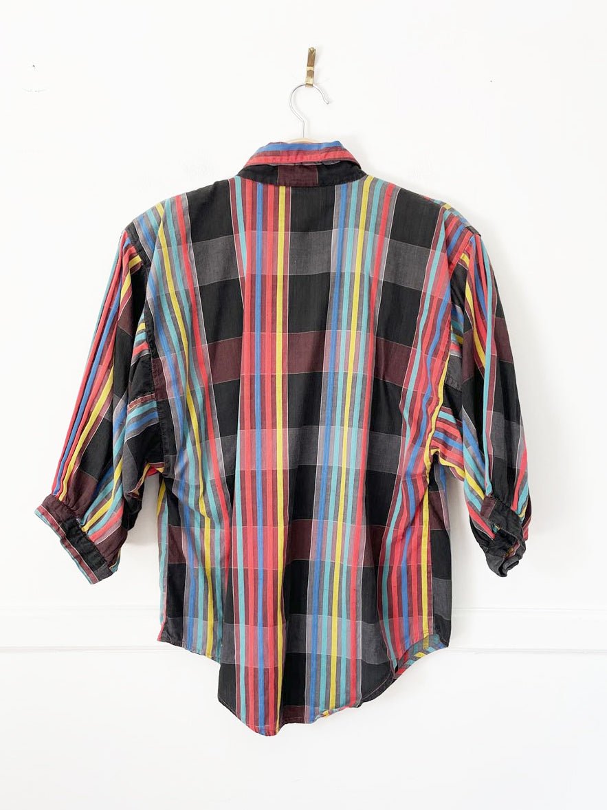 vintage 90s non-stop plaid balloon short sleeve full button shirt | made in india - good market thrift store