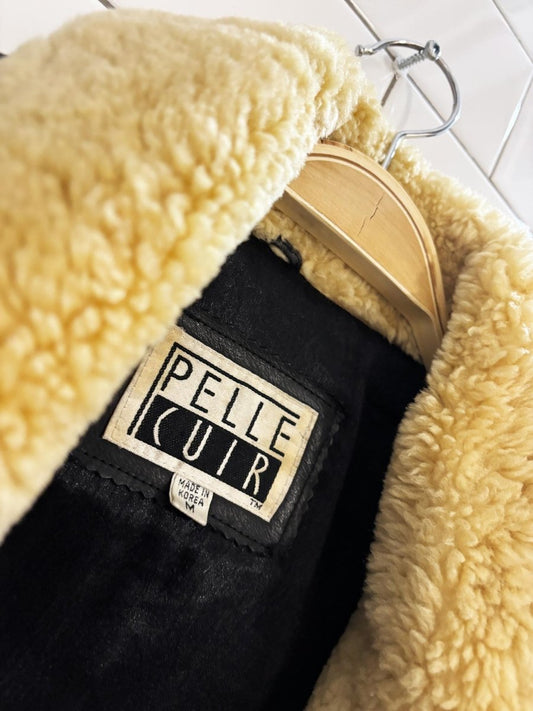 vintage 90s pelle cuir leather shearling collar aviator jacket - good market thrift store