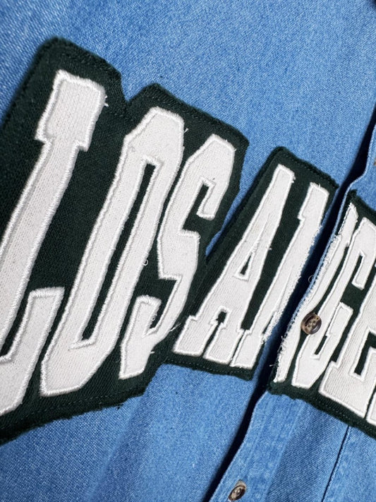vintage 90s pinnacle x LA spellout sporty prep cropped denim shirt | rework - good market thrift store
