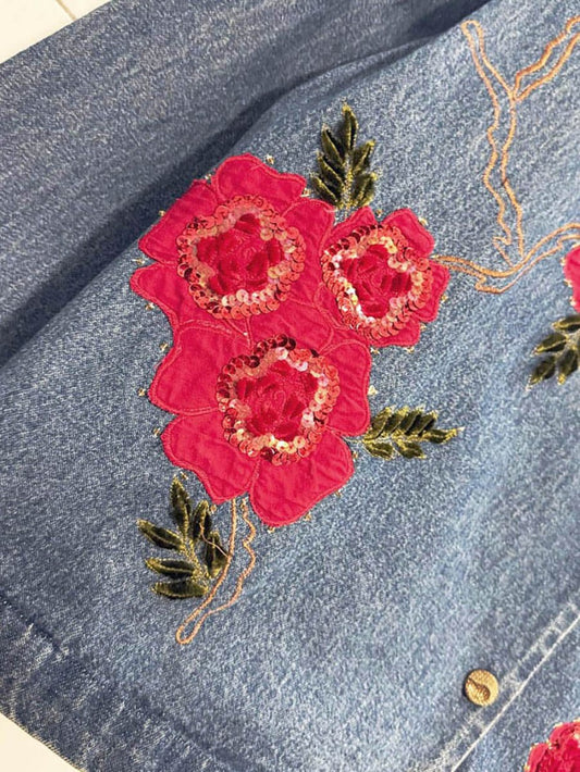 vintage 90s tantrums embroidered sequin floral denim jacket - good market thrift store