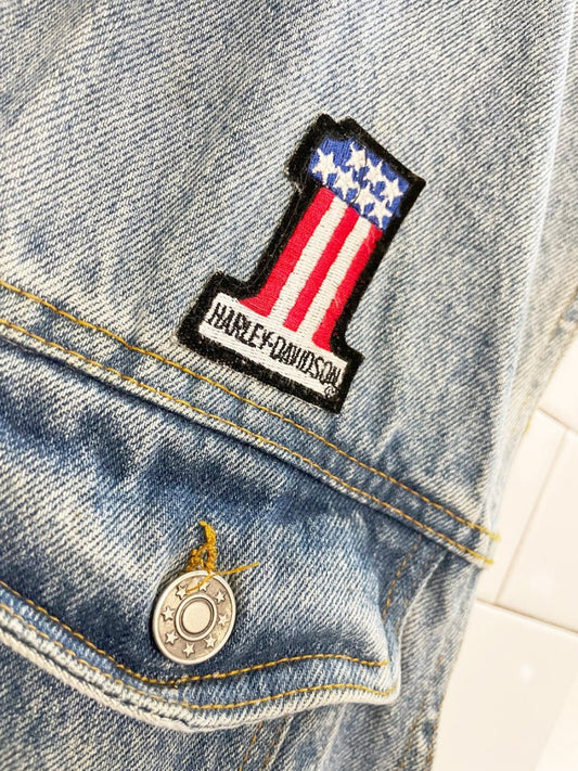 vintage 90s todays news patch denim vest | harley davison | ozzy ozbourne | led zeppelin - good market thrift store
