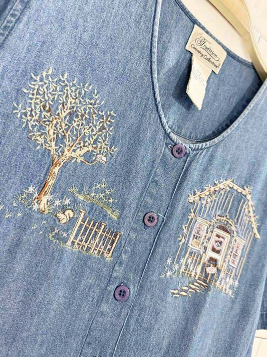 vintage 90s tradition embroidered full button denim maxi dress | country collection - good market thrift store