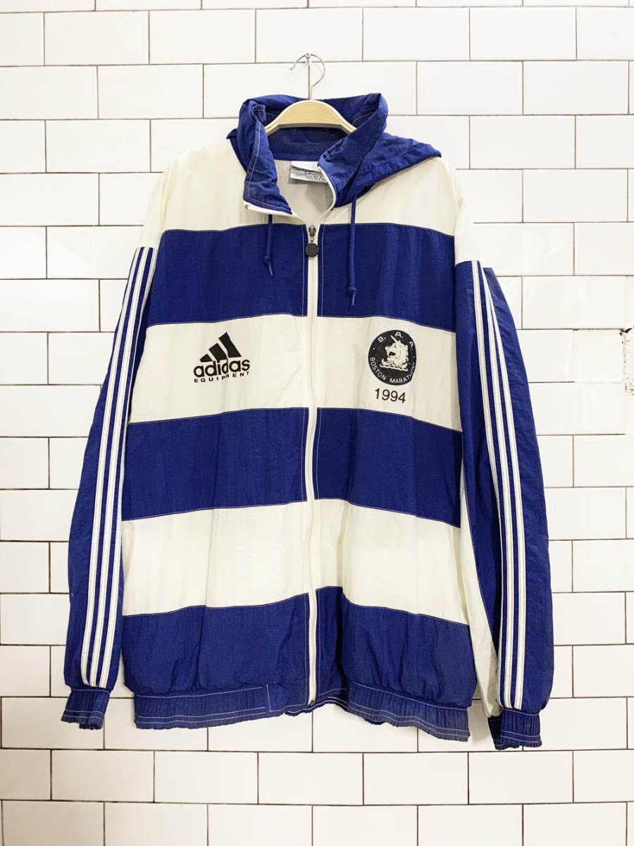 vintage adidas 1994 boston marathon striped hooded full zip running jacket - good market thrift store