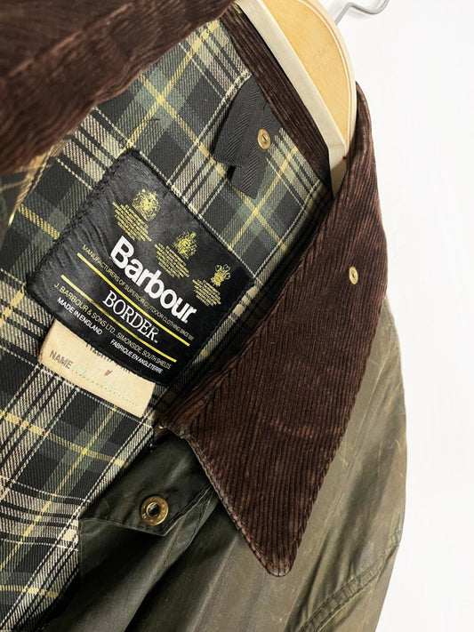 vintage barbour border waxed cotton chore jacket with corduroy collar - good market thrift store