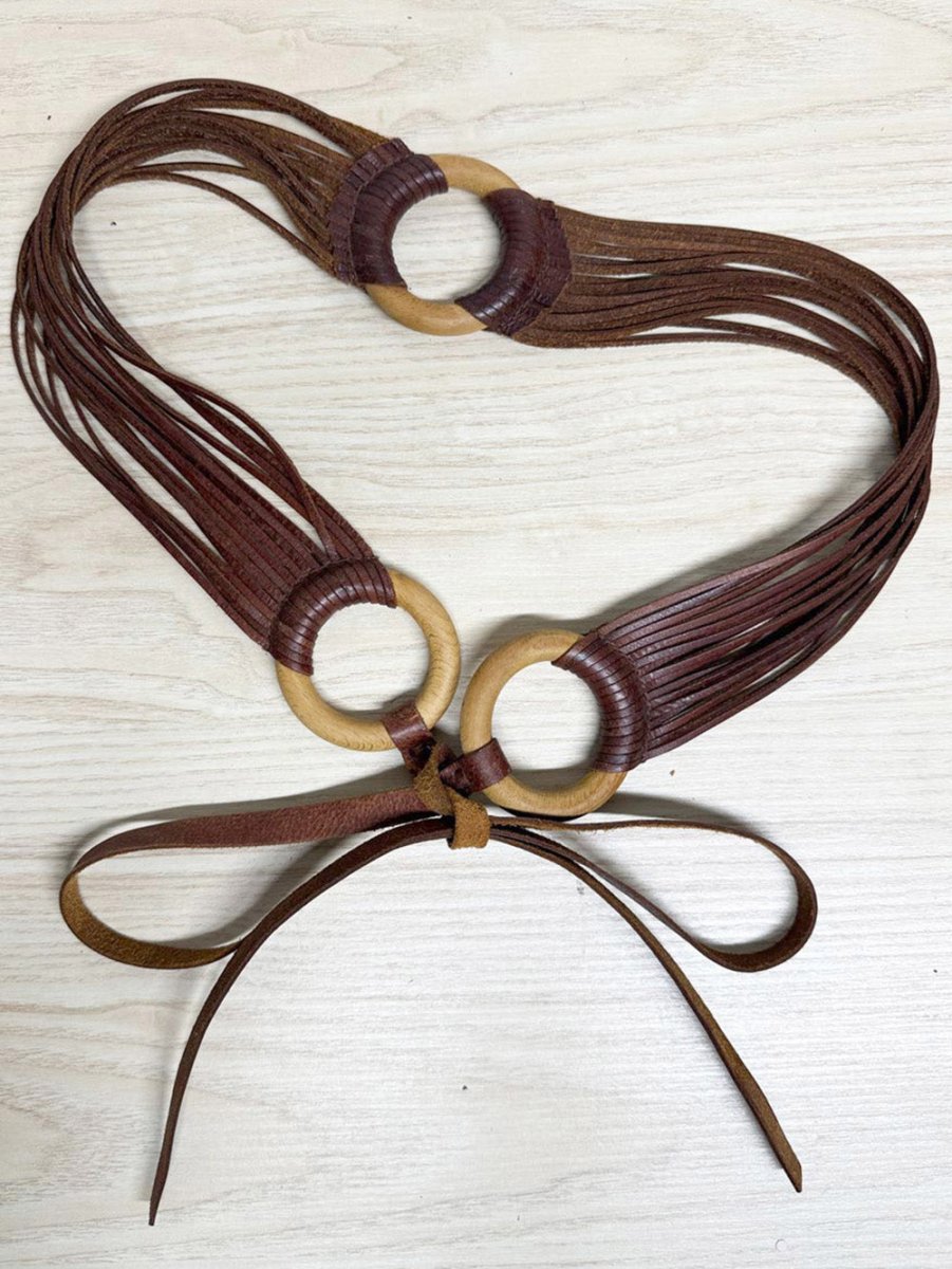 vintage boho leather wooden ring tie belt - good market thrift store