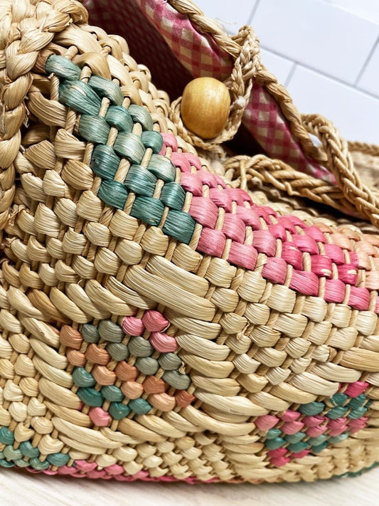 vintage boho soft basket bag with handles | gingham lining - good market thrift store