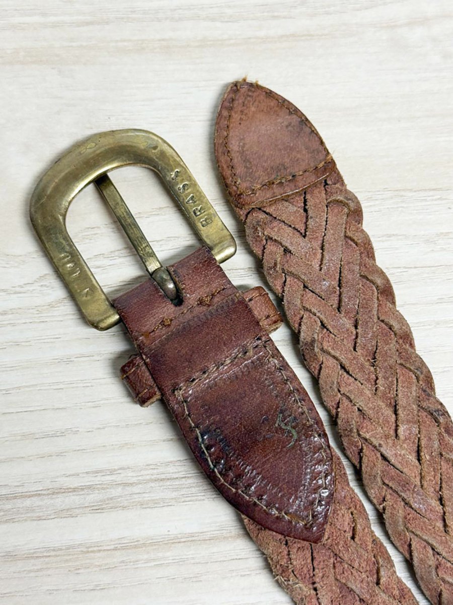 vintage brass buckle leather woven belt - good market thrift store