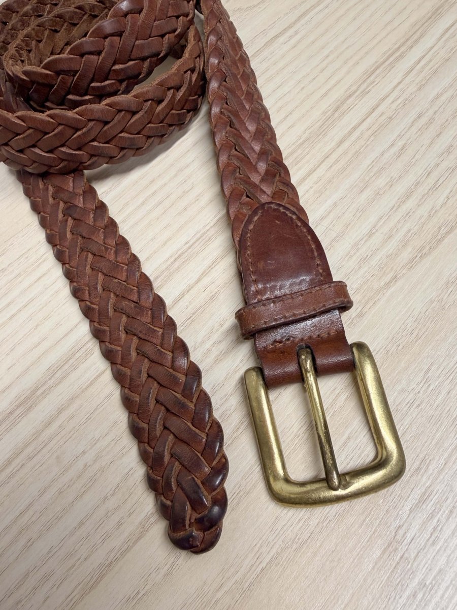 vintage brass buckle woven leather belt - good market thrift store