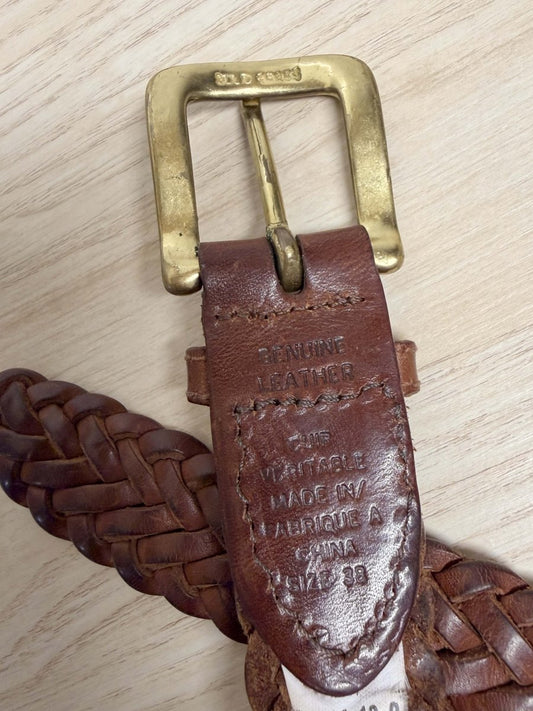 vintage brass buckle woven leather belt - good market thrift store