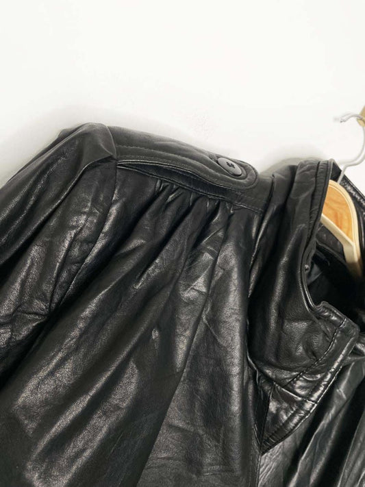 vintage butter leather pleated strong shoulder belted trench coat - good market thrift store
