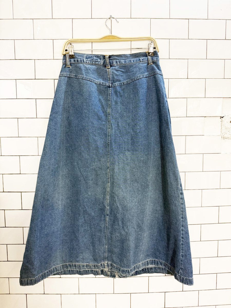 vintage caramba exposed button denim midi skirt - good market thrift store