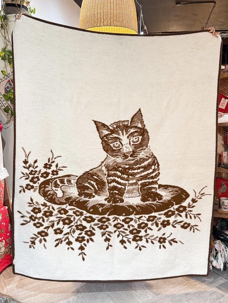 vintage cat soft fleece camp blanket | hand - stitched edge - good market thrift store