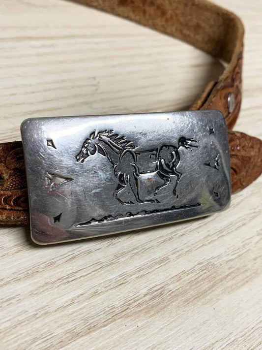 vintage chambers belt co. horse buckle tooled leather belt | made in usa - good market thrift store