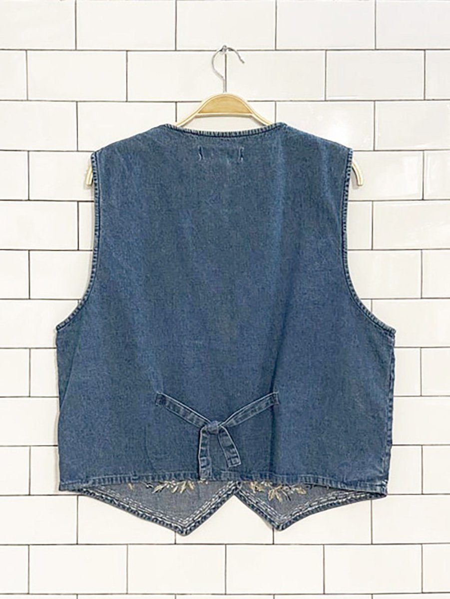vintage chrysantheme floral embroidered denim vest - good market thrift store