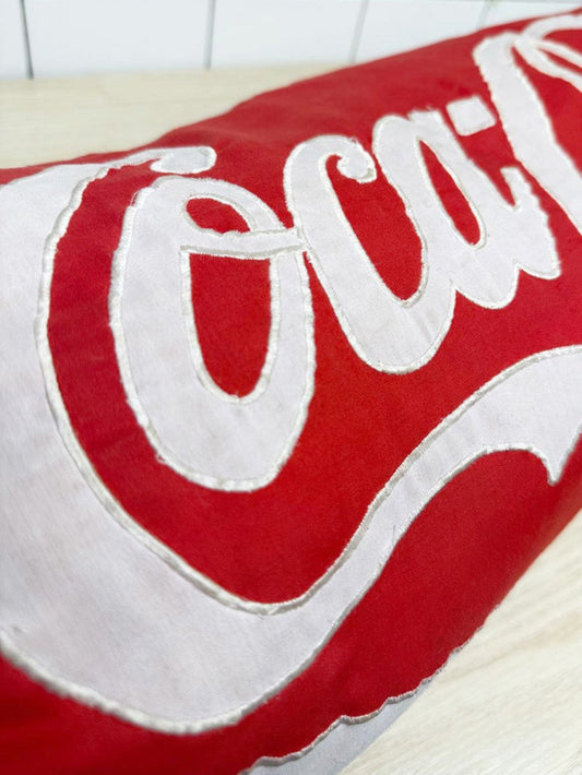 vintage coca - cola can patchwork logo log pillow - good market thrift store
