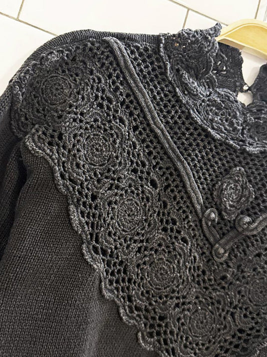 vintage crochet floral high neck pearl button knit sweater - good market thrift store