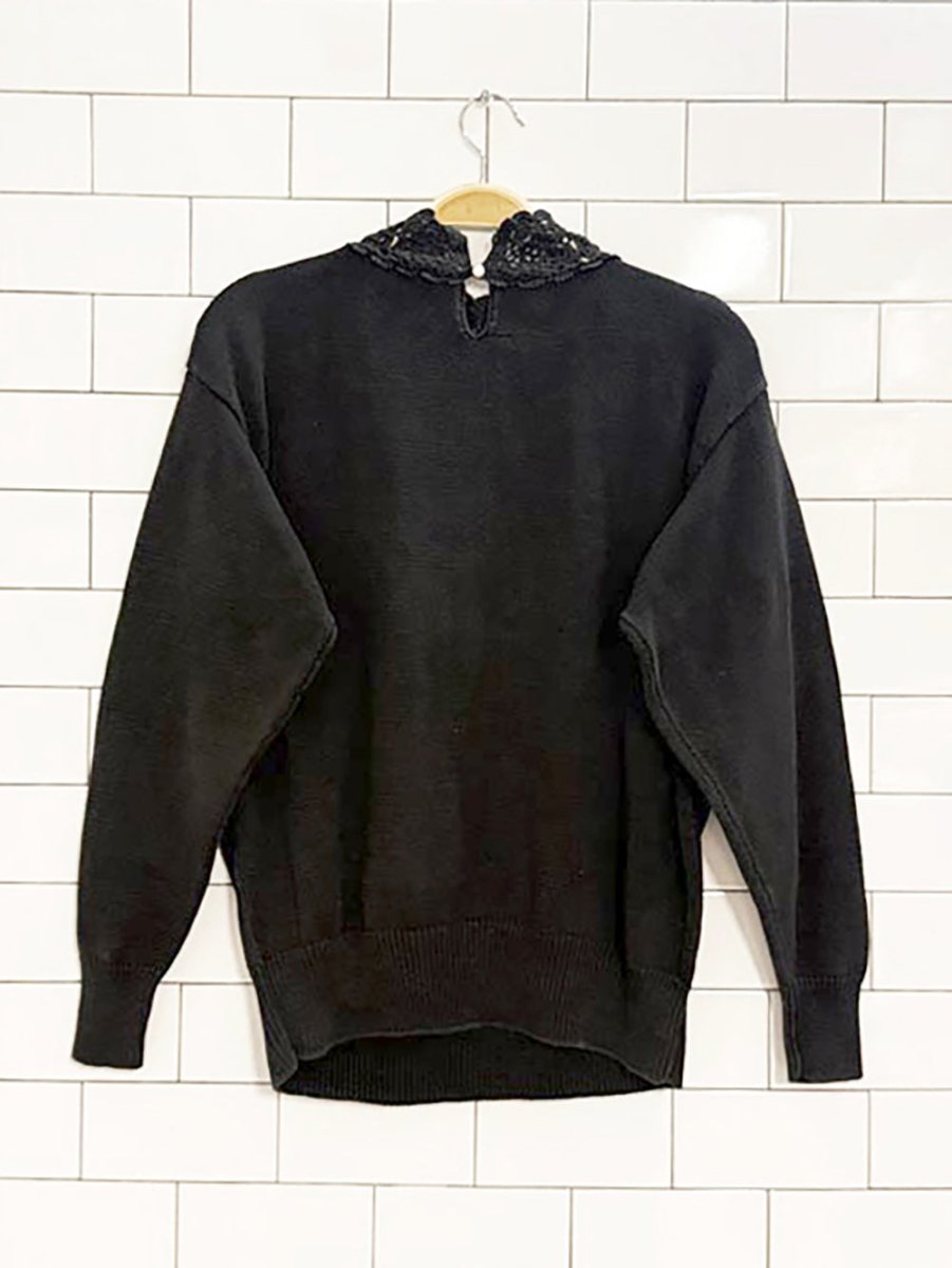 vintage crochet floral high neck pearl button knit sweater - good market thrift store