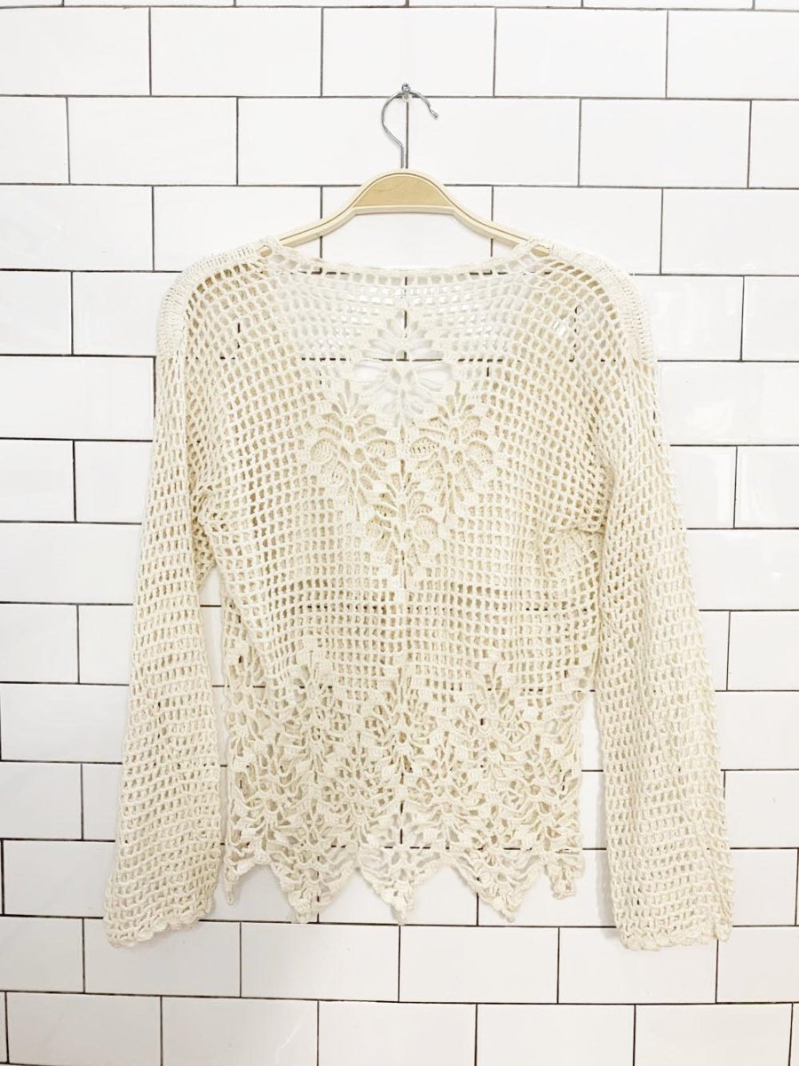 vintage crochet knit v - neck full button cardigan shirt - good market thrift store