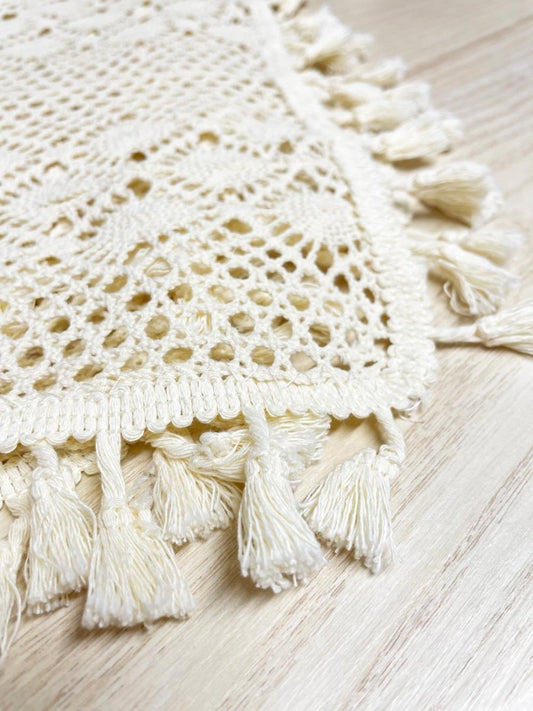 vintage crochet tassel edge square table cloth - good market thrift store