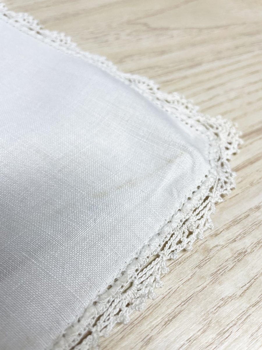vintage crochet trim linen embroidered floral table runner - good market thrift store