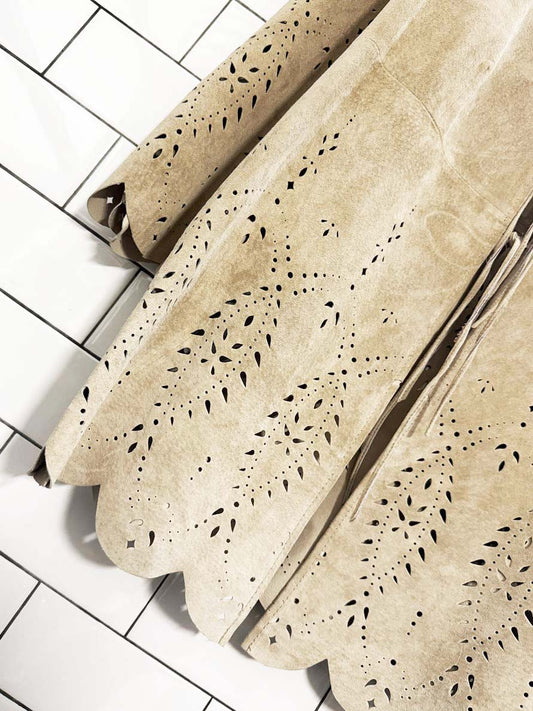vintage danier 100% lamb suede boho laser cut jacket + skirt set - good market thrift store