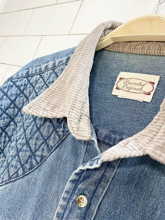 vintage decorated originals corduroy collar quilted denim shirt - good market thrift store