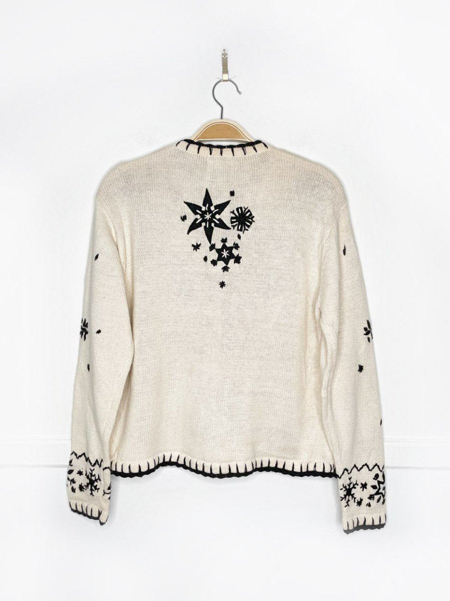 vintage embroidered skaters + snow blanket stitch knit cardigan | designers originals studio - good market thrift store