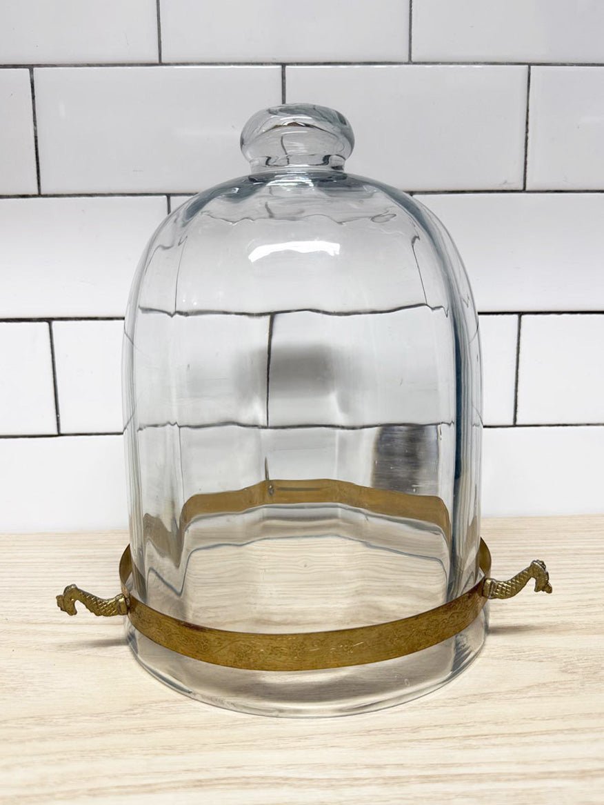 vintage engraved metal bell dome glass cloche | storm lantern - good market thrift store