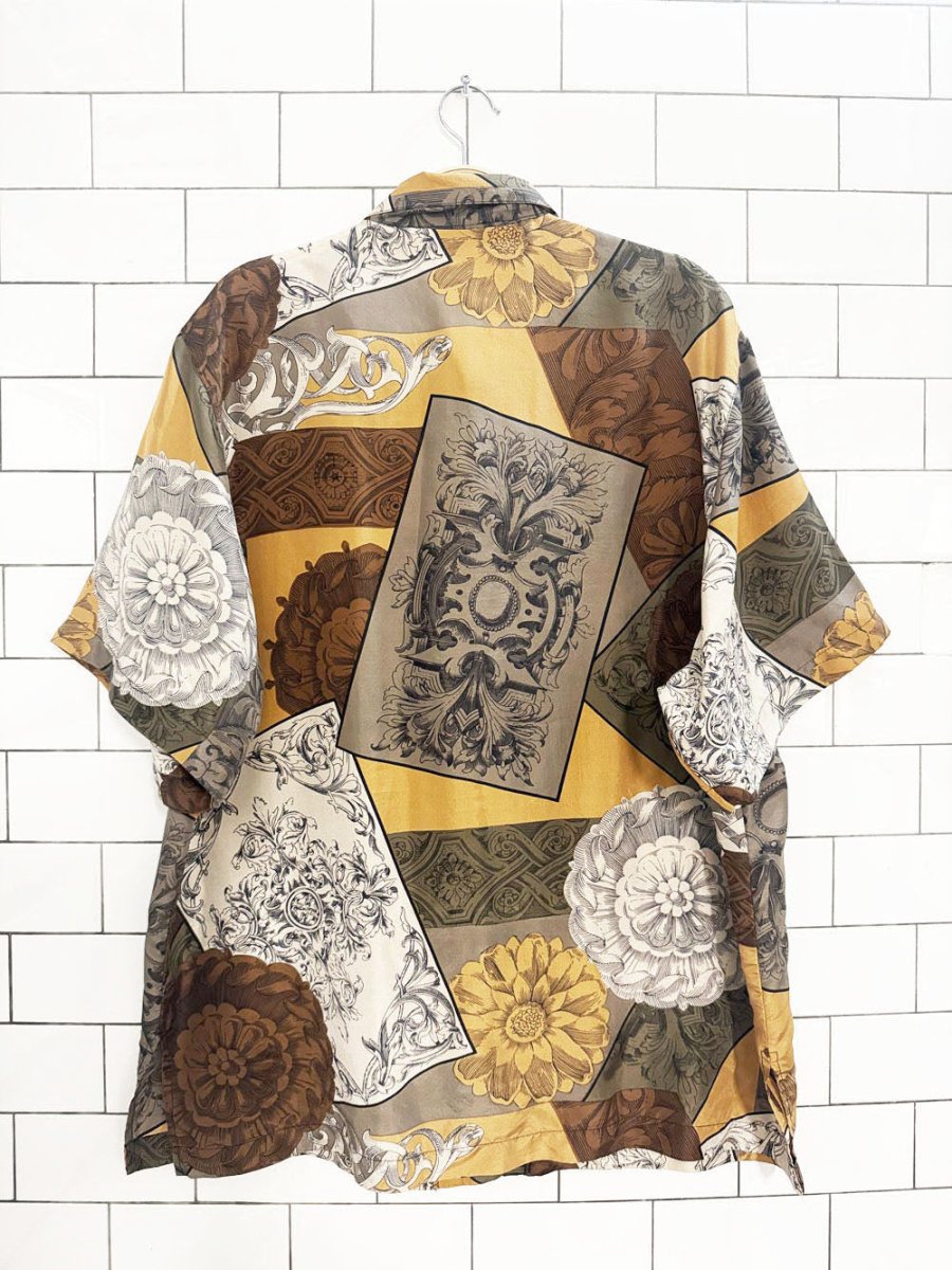 vintage express 100% silk patchwork medallion full button shirt - good market thrift store