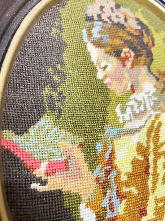 vintage framed needlepoint 19th century girl oval art - good market thrift store