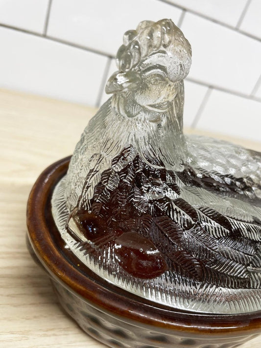 vintage glass hen on a nest butter dish | farmhouse cottagecore | made in taiwan - good market thrift store