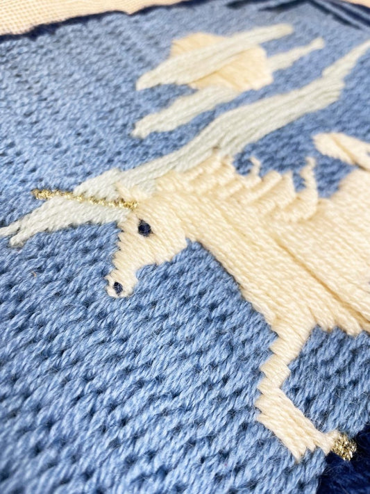 vintage hand - stitched unicorn tapestry - good market thrift store