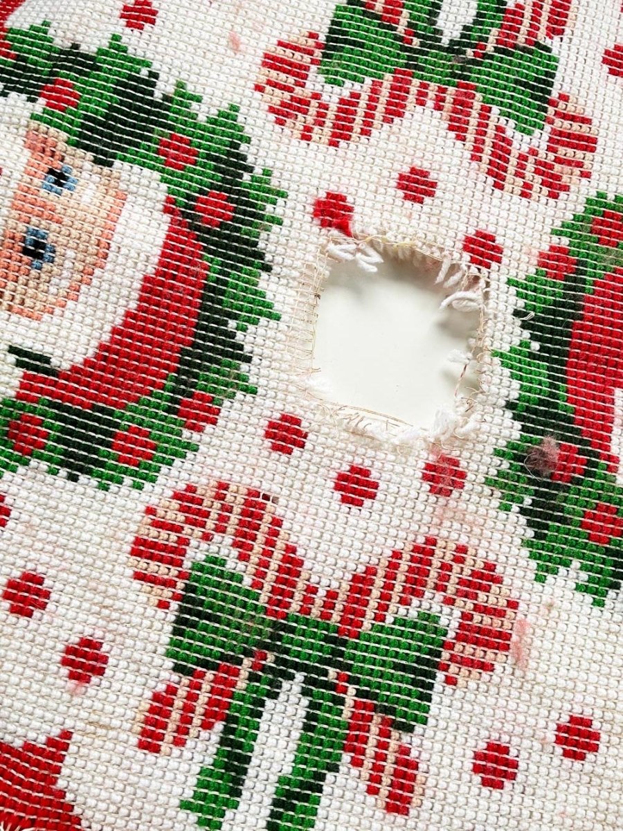 vintage handmade santa + candy canes latch hook tree skirt - good market thrift store
