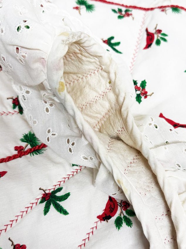 vintage handmade winter cardinal + lace trim tree skirt - good market thrift store