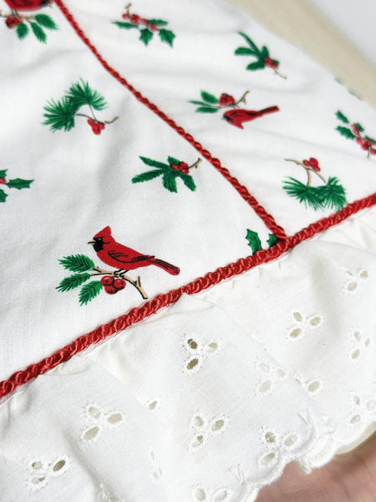 vintage handmade winter cardinal + lace trim tree skirt - good market thrift store