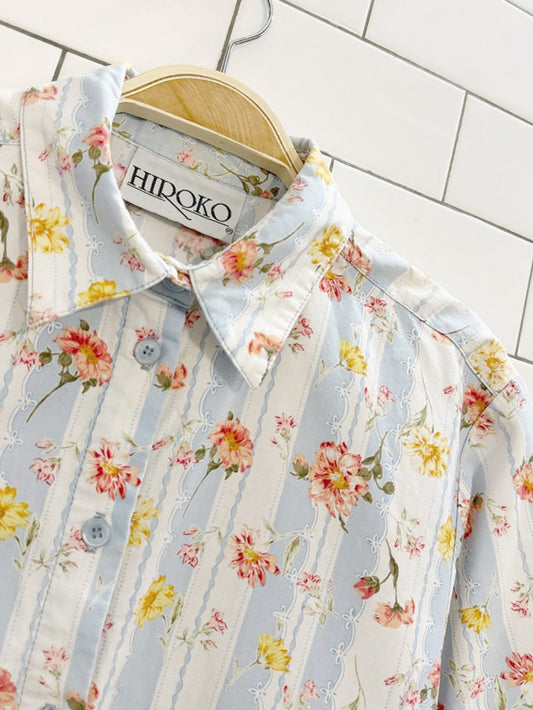 vintage hiroco floral blue stripe full button shirt - good market thrift store