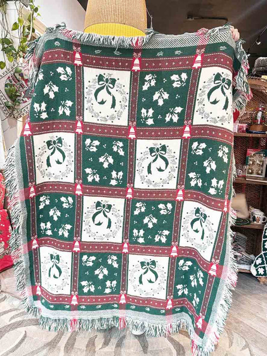 vintage holly + wreaths check fringe knit holiday throw blanket - good market thrift store