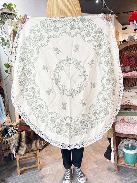 vintage lace trim embroidered round tablecloth - good market thrift store