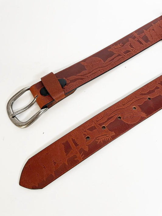 vintage leather embossed two-tone woodland animals belt - good market thrift store