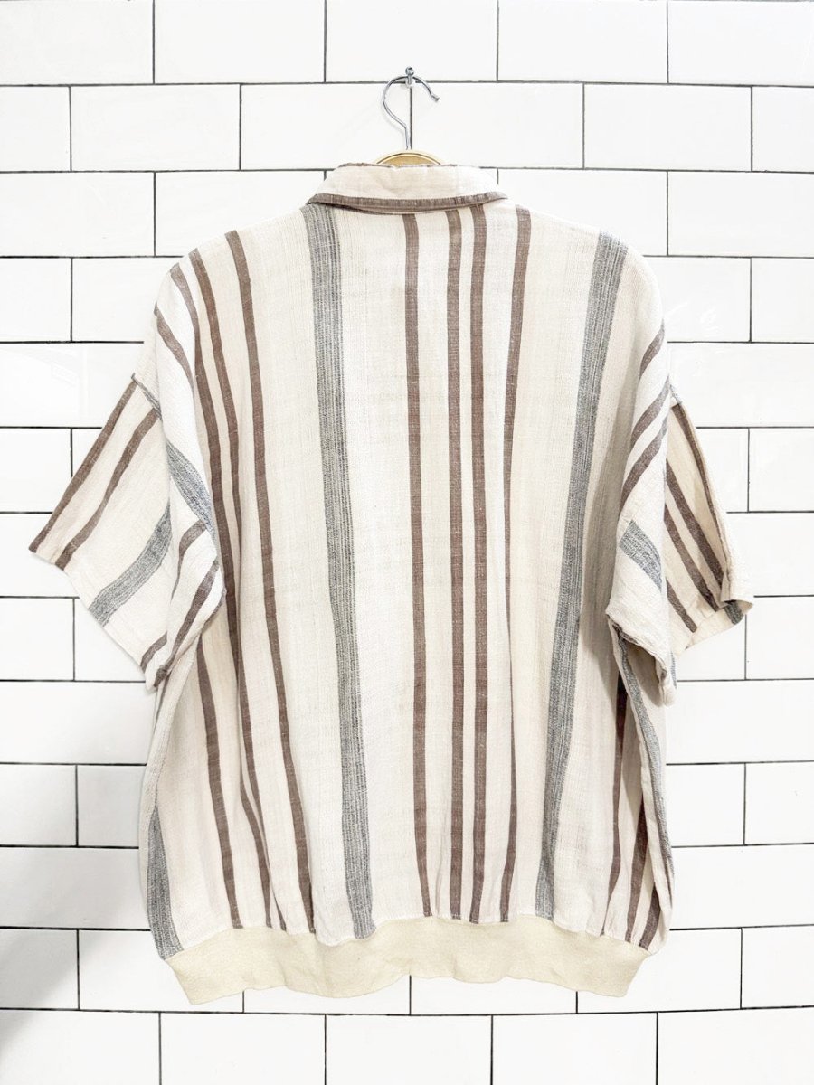 vintage linen - blend striped half button blouson shirt - good market thrift store