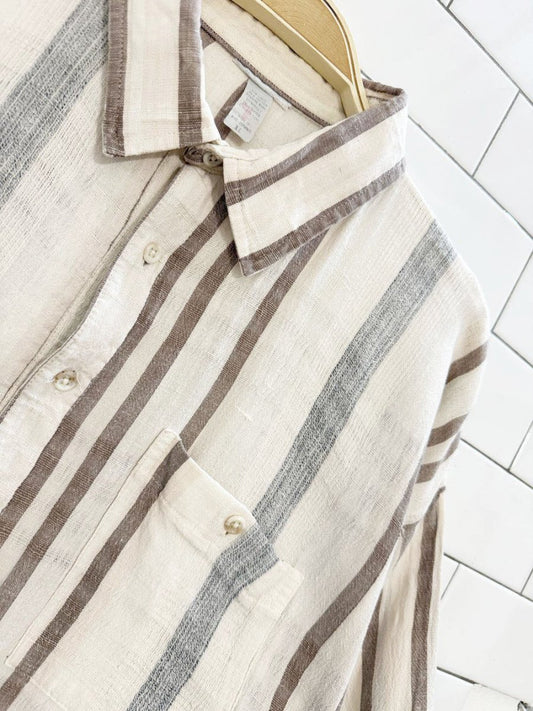 vintage linen - blend striped half button blouson shirt - good market thrift store