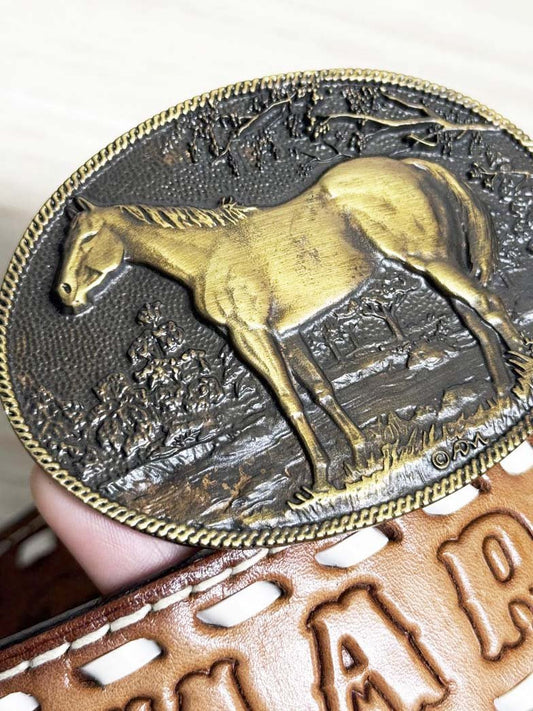 vintage mallory western brass horse tooled leather belt - good market thrift store