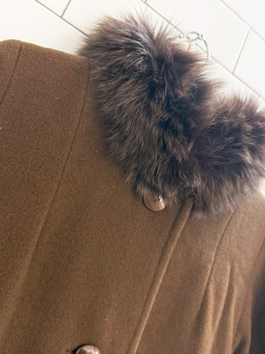 vintage me - jay 100% wool fox fur collar pleated - back long coat | montreal - good market thrift store