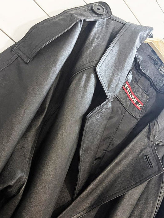 vintage phase 2 leather double breasted belted trench coat - good market thrift store