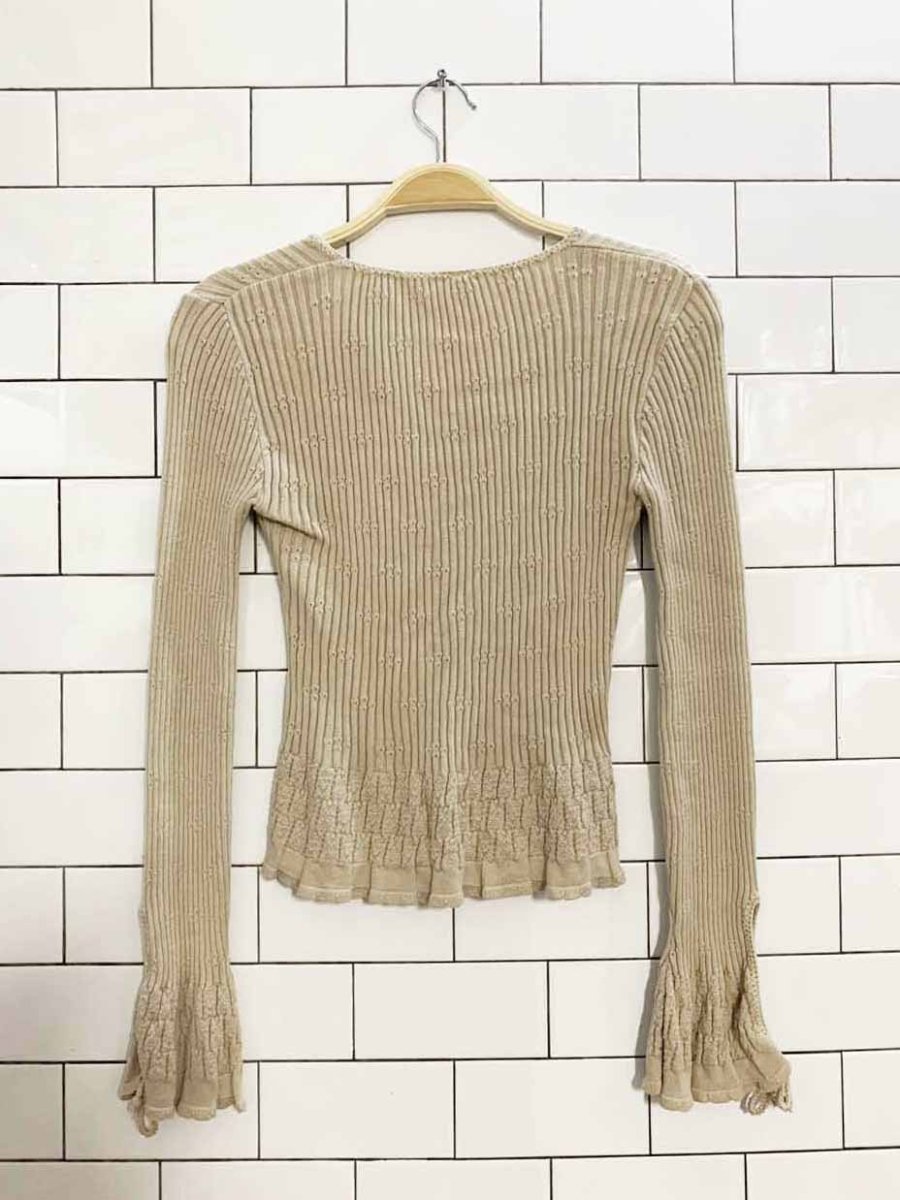 vintage pointelle knit bell sleeve tie neck v - neck top - good market thrift store
