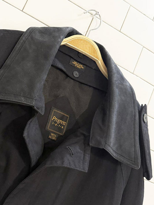 vintage progress 1878 nubuck leather collar belted trench coat | removable liner - good market thrift store