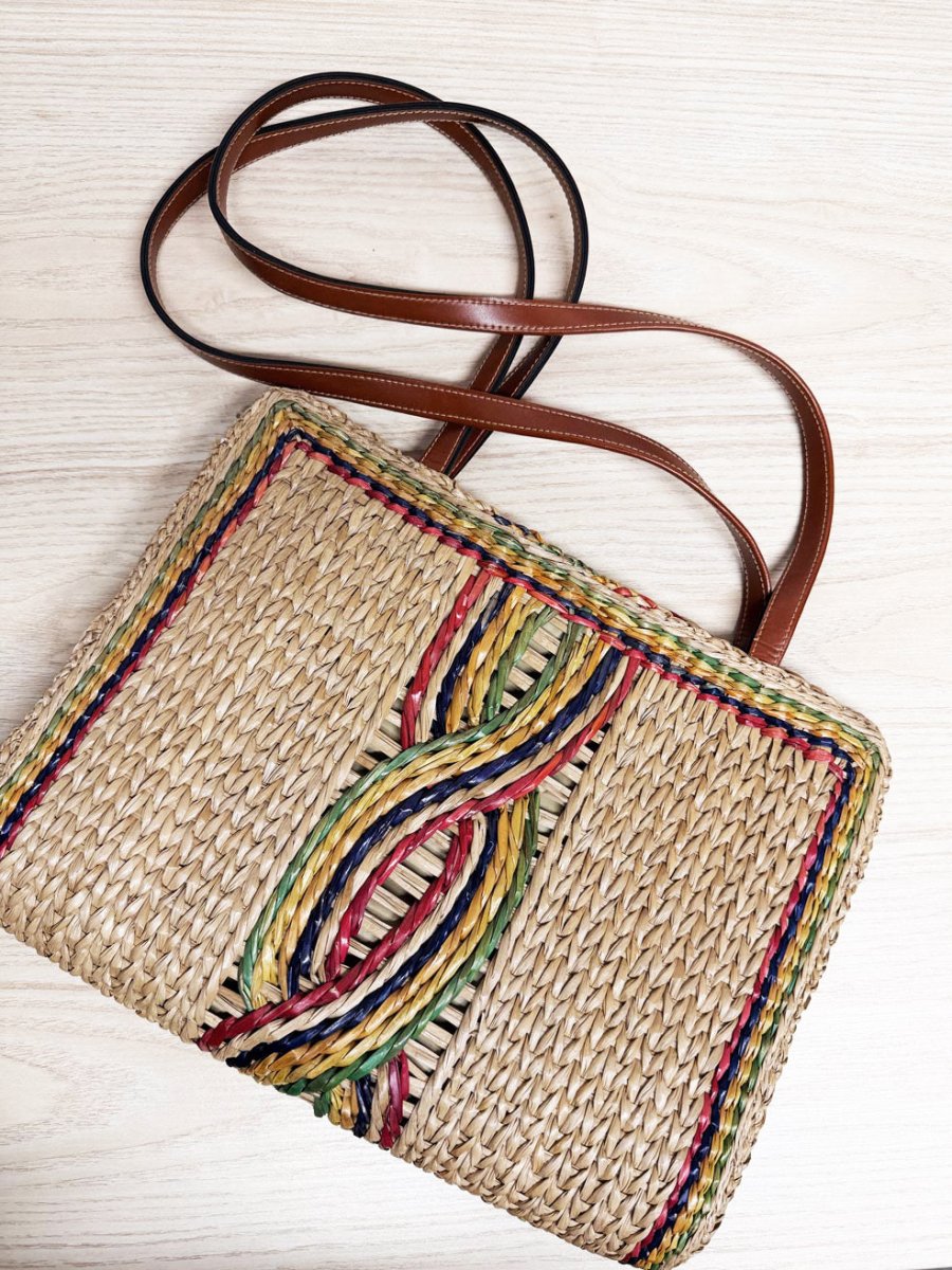 vintage rainbow woven rattan shoulder bag - good market thrift store